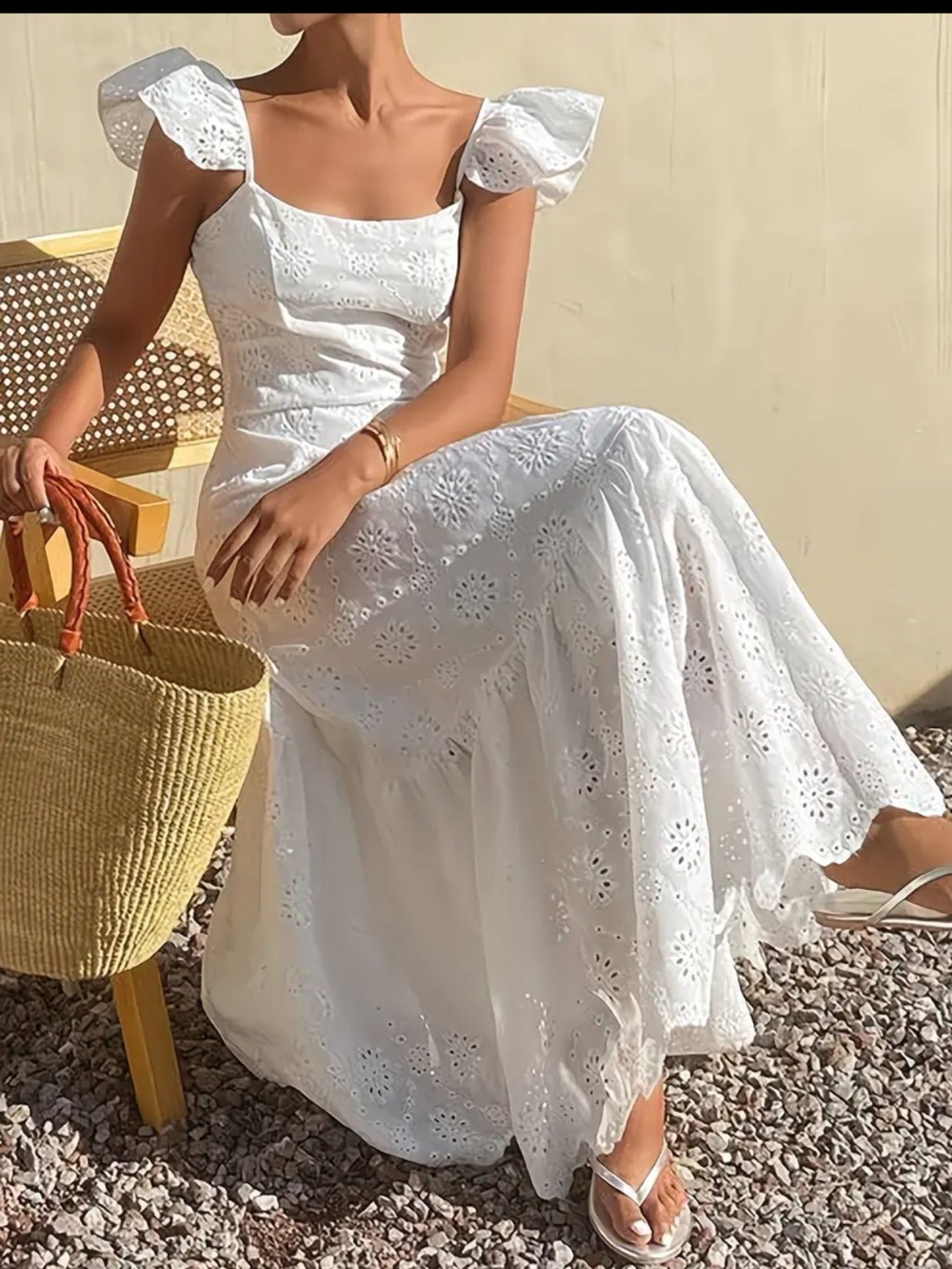 White Eyelet Square-Neck Maxi Dress with Puff Cap Sleeves